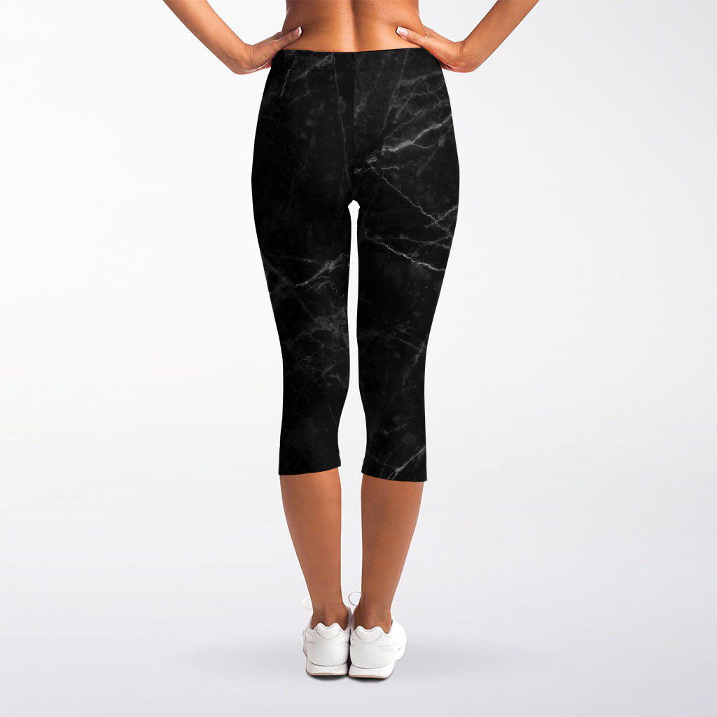 Black Grey Dark Marble Print Women's Capri Leggings