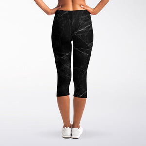 Black Grey Dark Marble Print Women's Capri Leggings