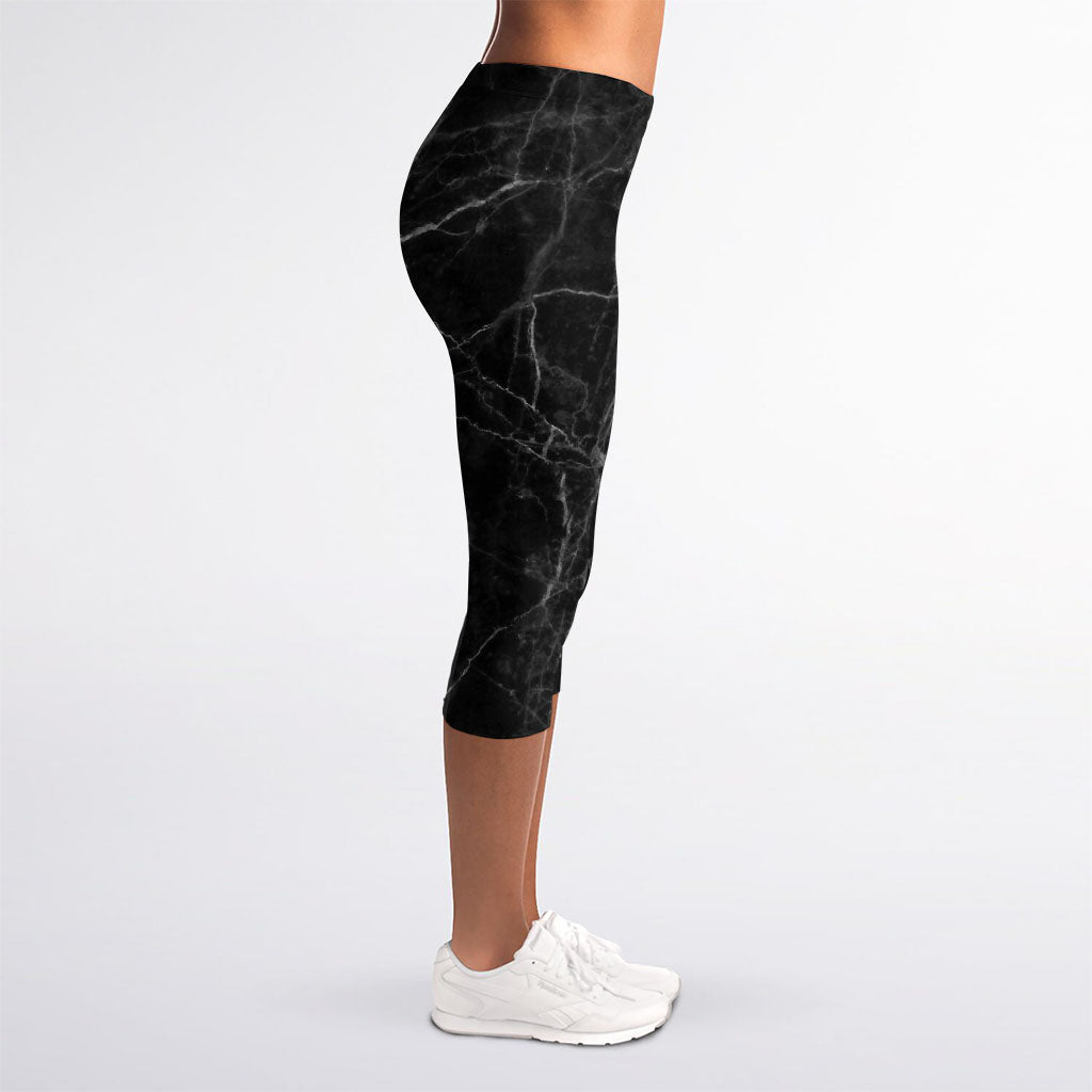 Black Grey Dark Marble Print Women's Capri Leggings