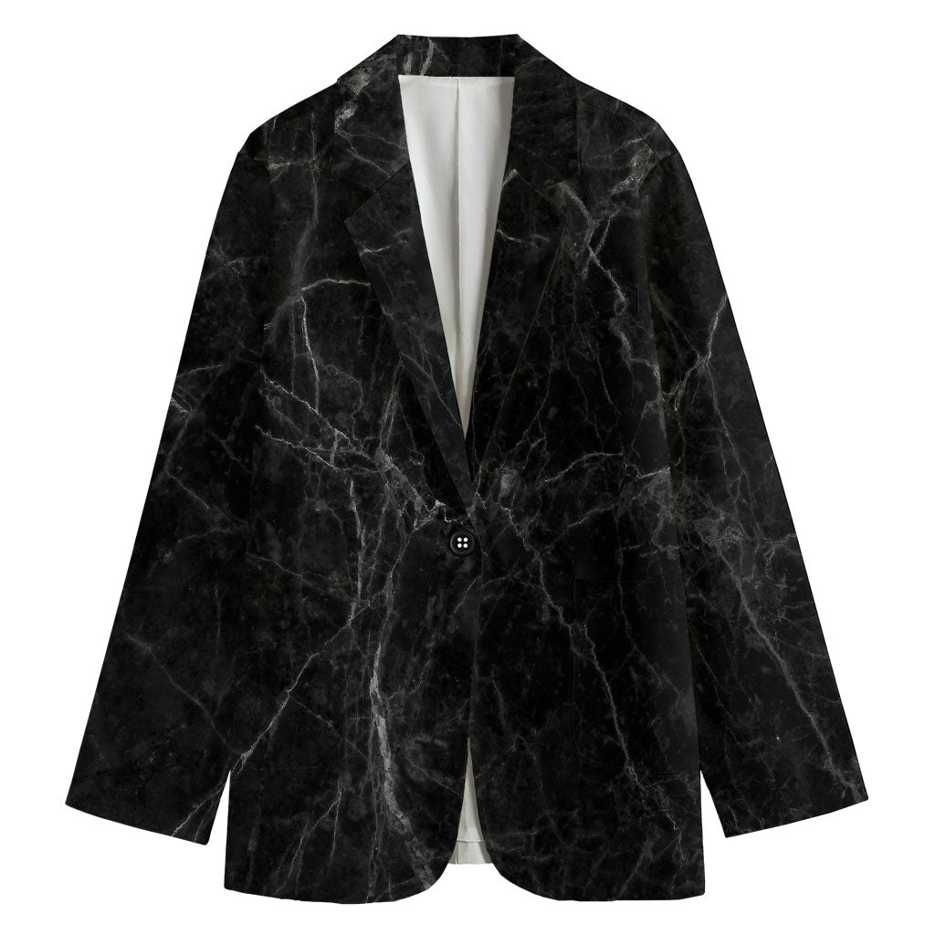 Black Grey Dark Marble Print Women's Cotton Blazer
