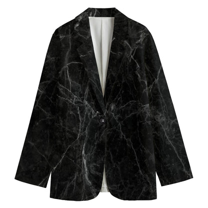 Black Grey Dark Marble Print Women's Cotton Blazer