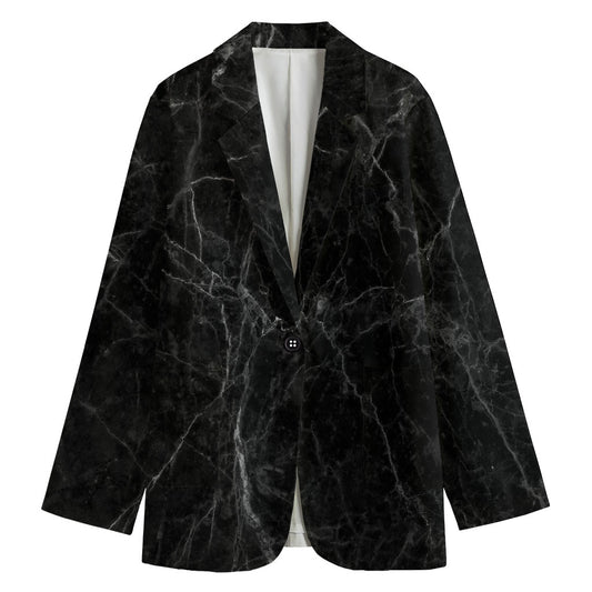 Black Grey Dark Marble Print Women's Cotton Blazer