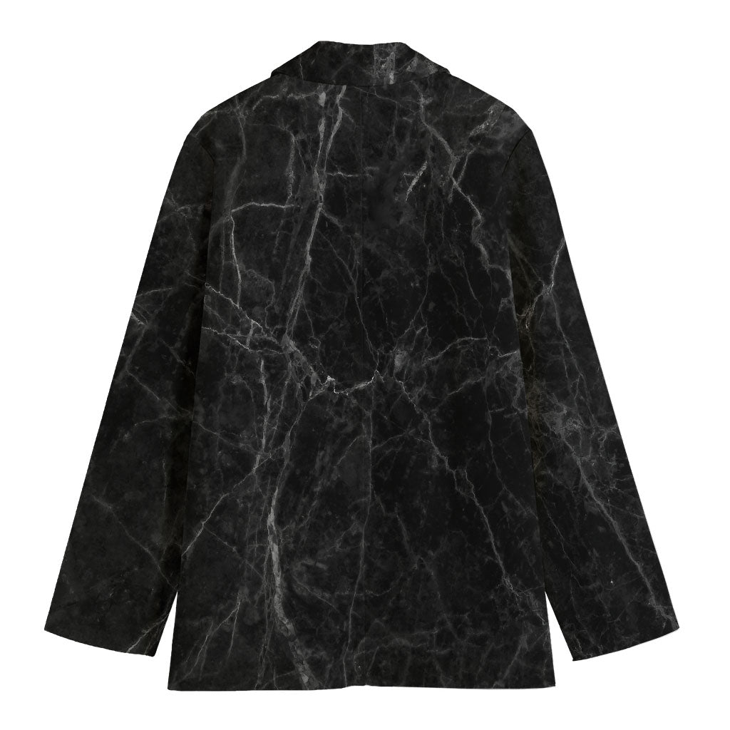 Black Grey Dark Marble Print Women's Cotton Blazer