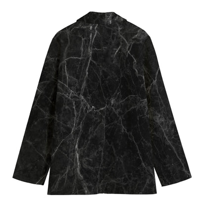 Black Grey Dark Marble Print Women's Cotton Blazer