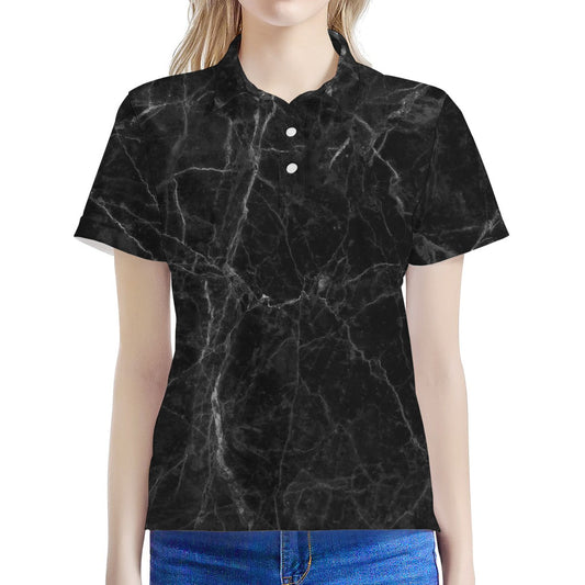 Black Grey Dark Marble Print Women's Polo Shirt