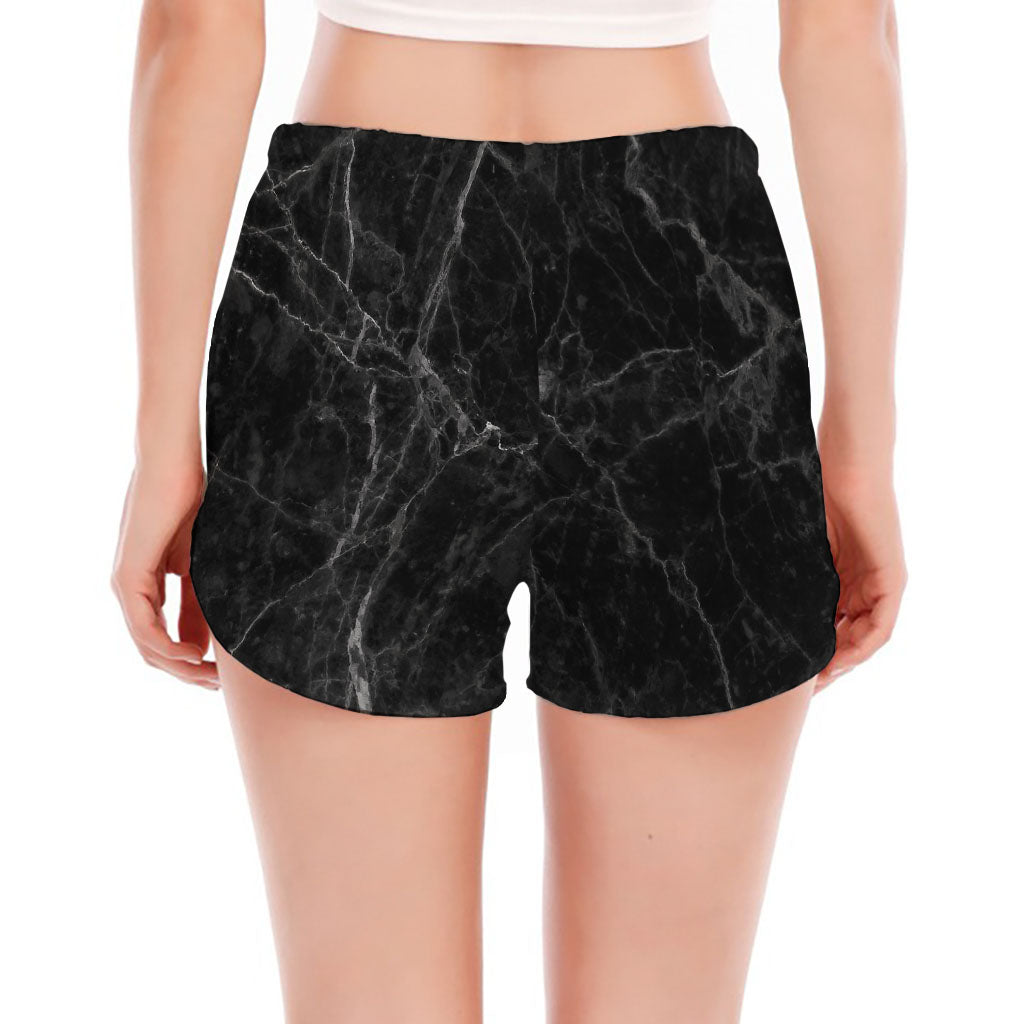 Black Grey Dark Marble Print Women's Split Running Shorts