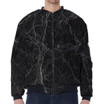 Black Grey Dark Marble Print Zip Sleeve Bomber Jacket