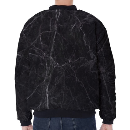 Black Grey Dark Marble Print Zip Sleeve Bomber Jacket