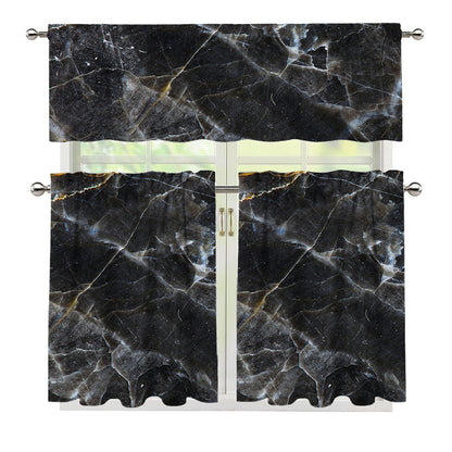 Black Grey Marble Print 3 Piece Kitchen Curtains