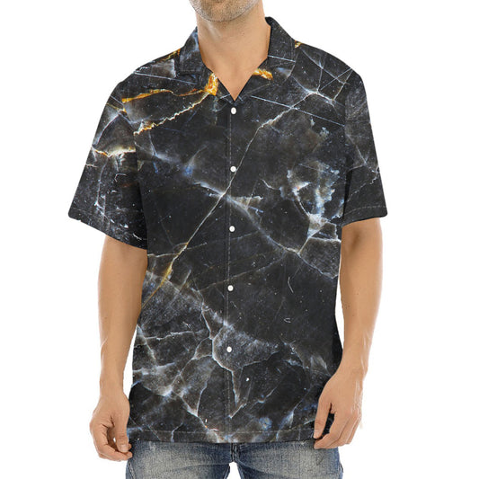 Black Grey Marble Print Aloha Shirt