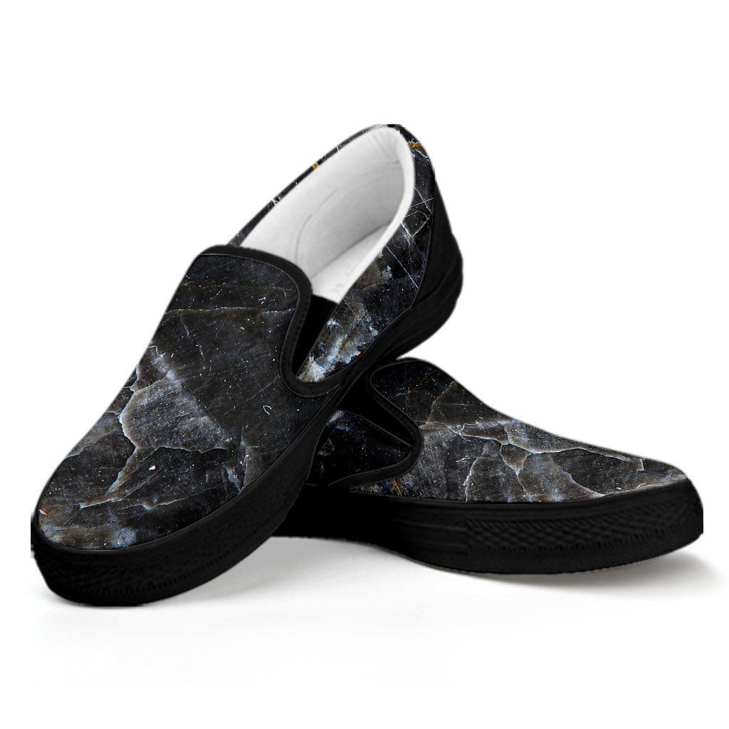 Black Grey Marble Print Black Slip On Sneakers