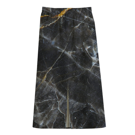Black Grey Marble Print Cotton Front Slit Maxi Skirt