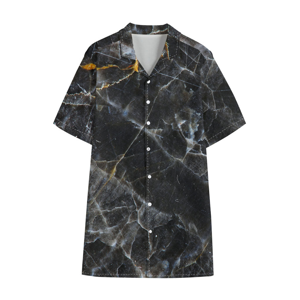 Black Grey Marble Print Cotton Hawaiian Shirt