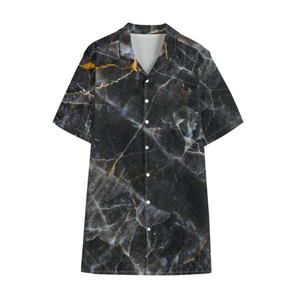 Black Grey Marble Print Cotton Hawaiian Shirt