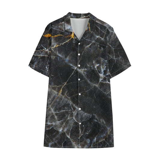 Black Grey Marble Print Cotton Hawaiian Shirt