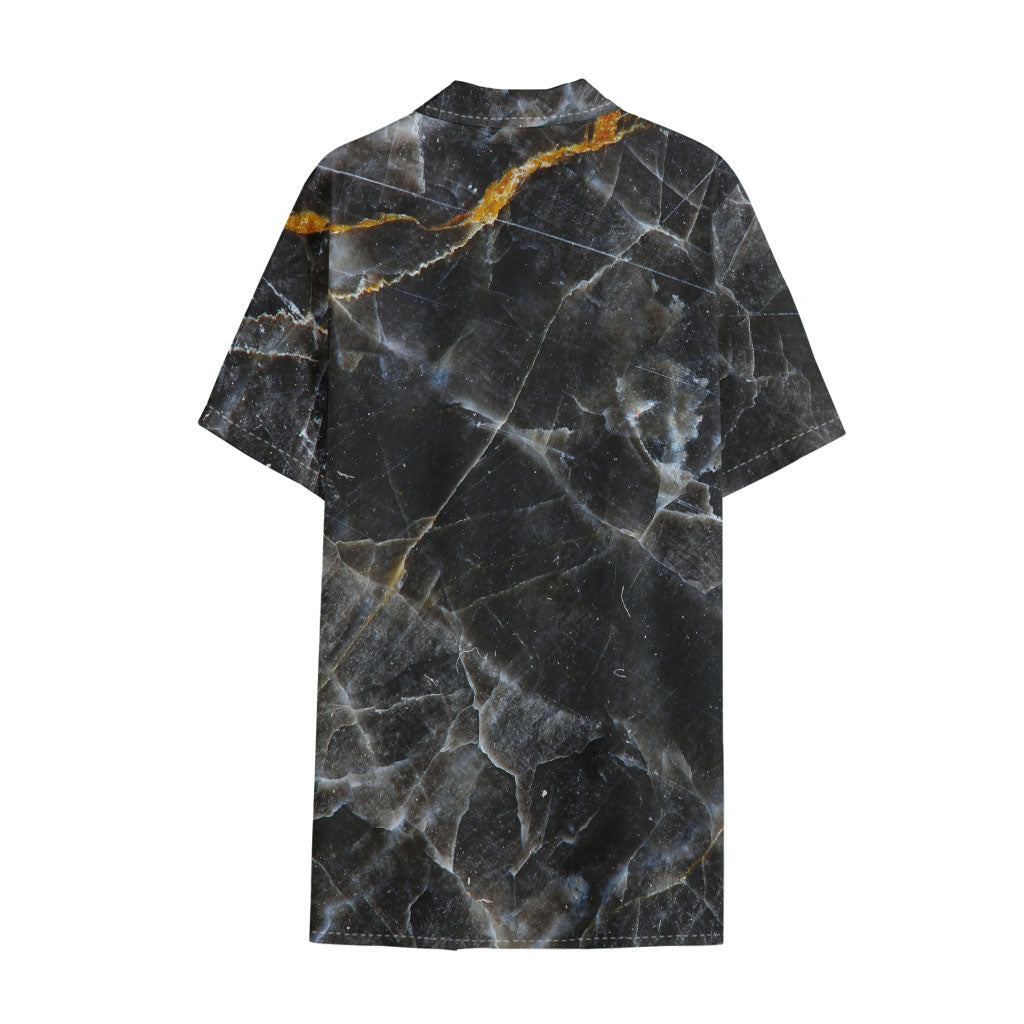 Black Grey Marble Print Cotton Hawaiian Shirt