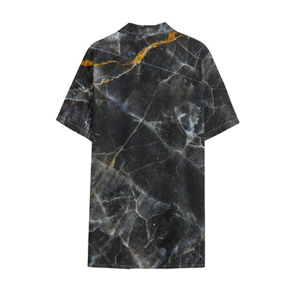 Black Grey Marble Print Cotton Hawaiian Shirt