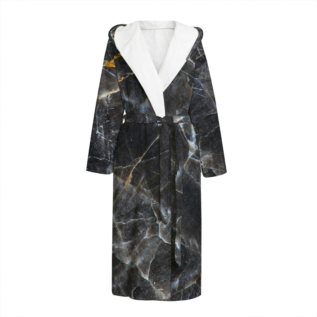 Black Grey Marble Print Hooded Bathrobe