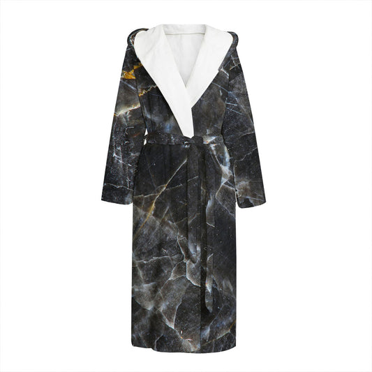 Black Grey Marble Print Hooded Bathrobe