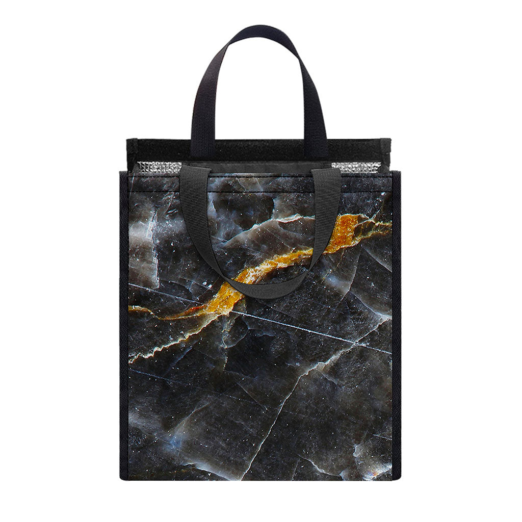 Black Grey Marble Print Insulated Lunch Tote