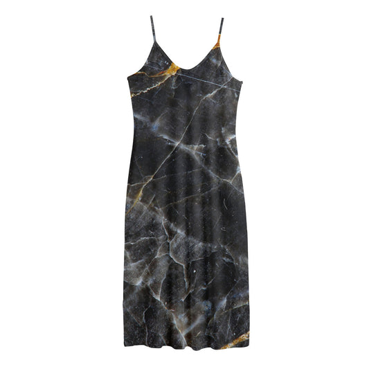 Black Grey Marble Print Jersey Midi Cami Dress