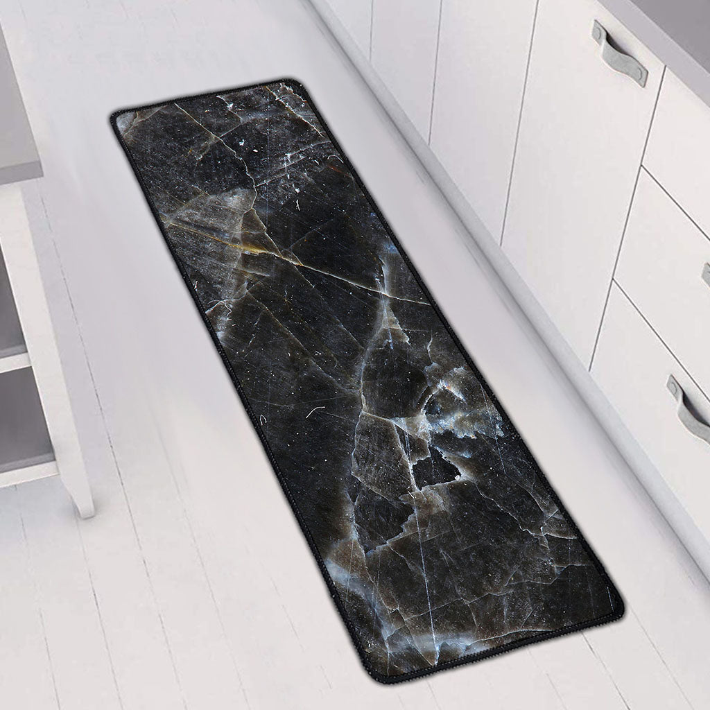 Black Grey Marble Print Long Kitchen Mat