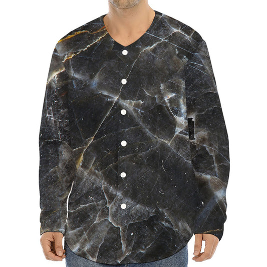 Black Grey Marble Print Long Sleeve Baseball Jersey