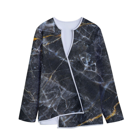 Black Grey Marble Print Long Sleeve Short Coat