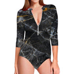 Black Grey Marble Print Long Sleeve Swimsuit