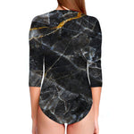 Black Grey Marble Print Long Sleeve Swimsuit