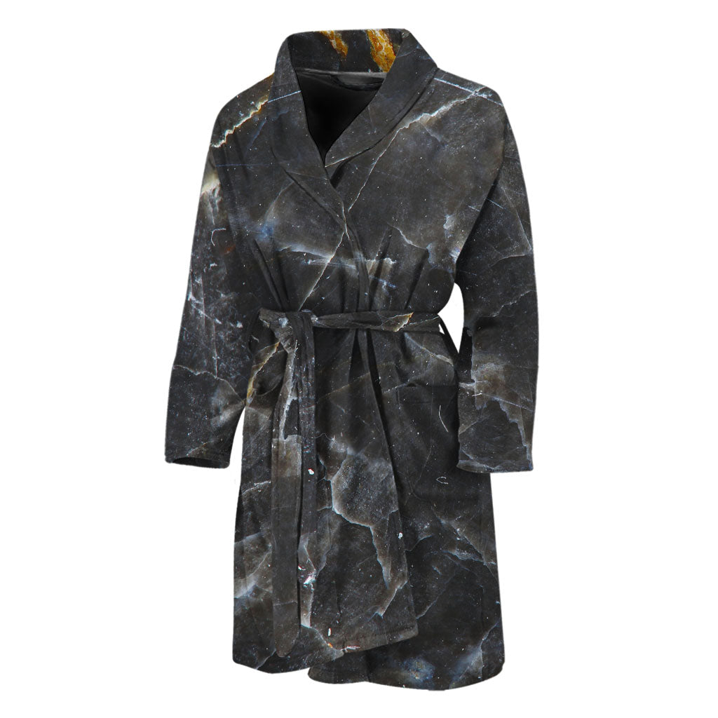 Black Grey Marble Print Men's Bathrobe