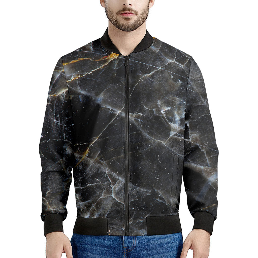 Black Grey Marble Print Men's Bomber Jacket