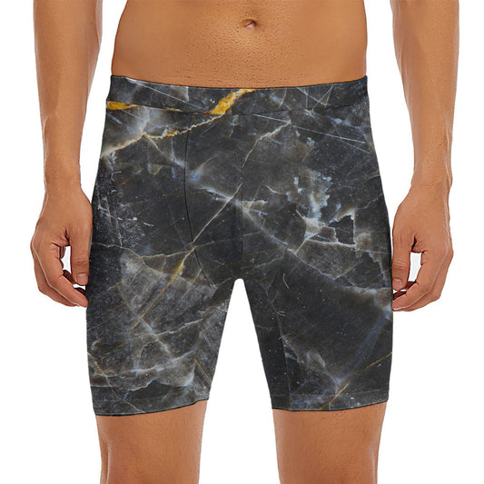 Black Grey Marble Print Men's Long Boxer Briefs