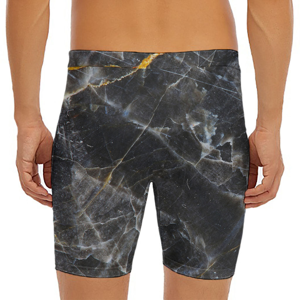 Black Grey Marble Print Men's Long Boxer Briefs