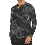 Black Grey Marble Print Men's Long Sleeve Rash Guard