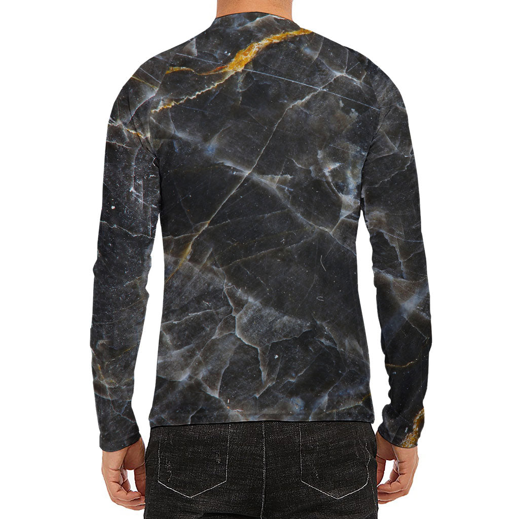 Black Grey Marble Print Men's Long Sleeve Rash Guard