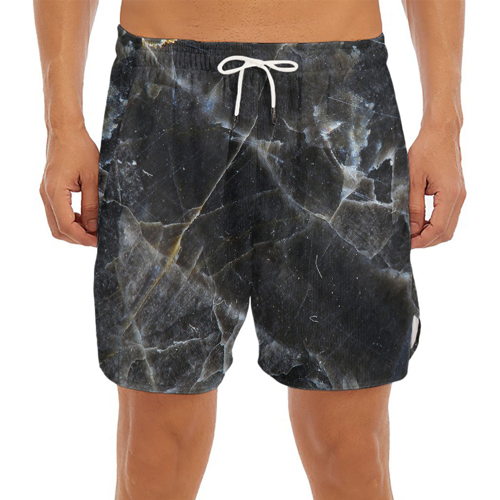 Black Grey Marble Print Men's Split Running Shorts