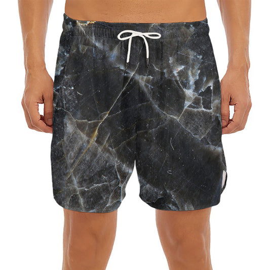 Black Grey Marble Print Men's Split Running Shorts