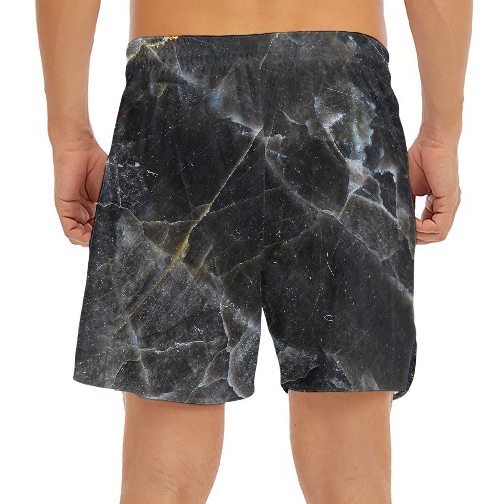 Black Grey Marble Print Men's Split Running Shorts