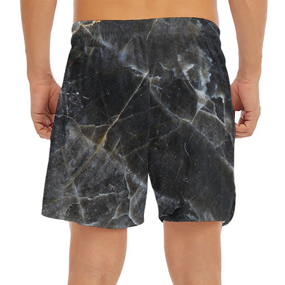 Black Grey Marble Print Men's Split Running Shorts