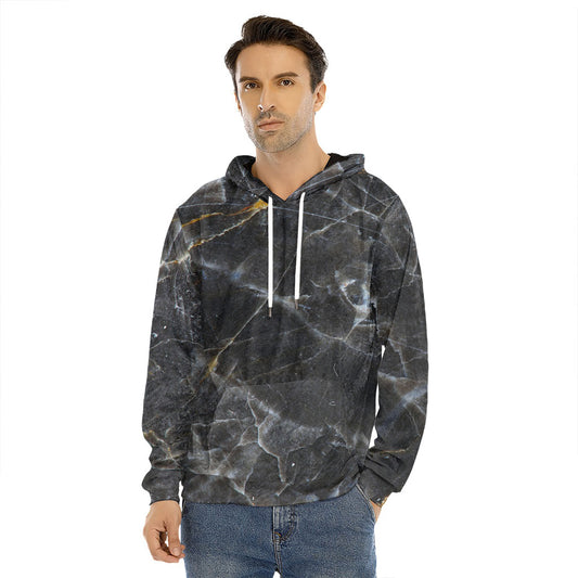 Black Grey Marble Print Men's Velvet Pullover Hoodie