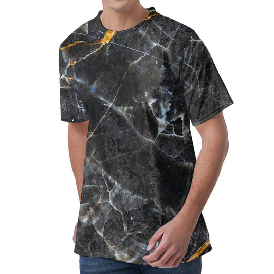 Black Grey Marble Print Men's Velvet T-Shirt