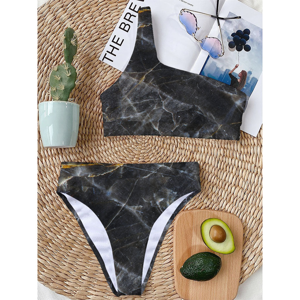Black Grey Marble Print One Shoulder Bikini Top