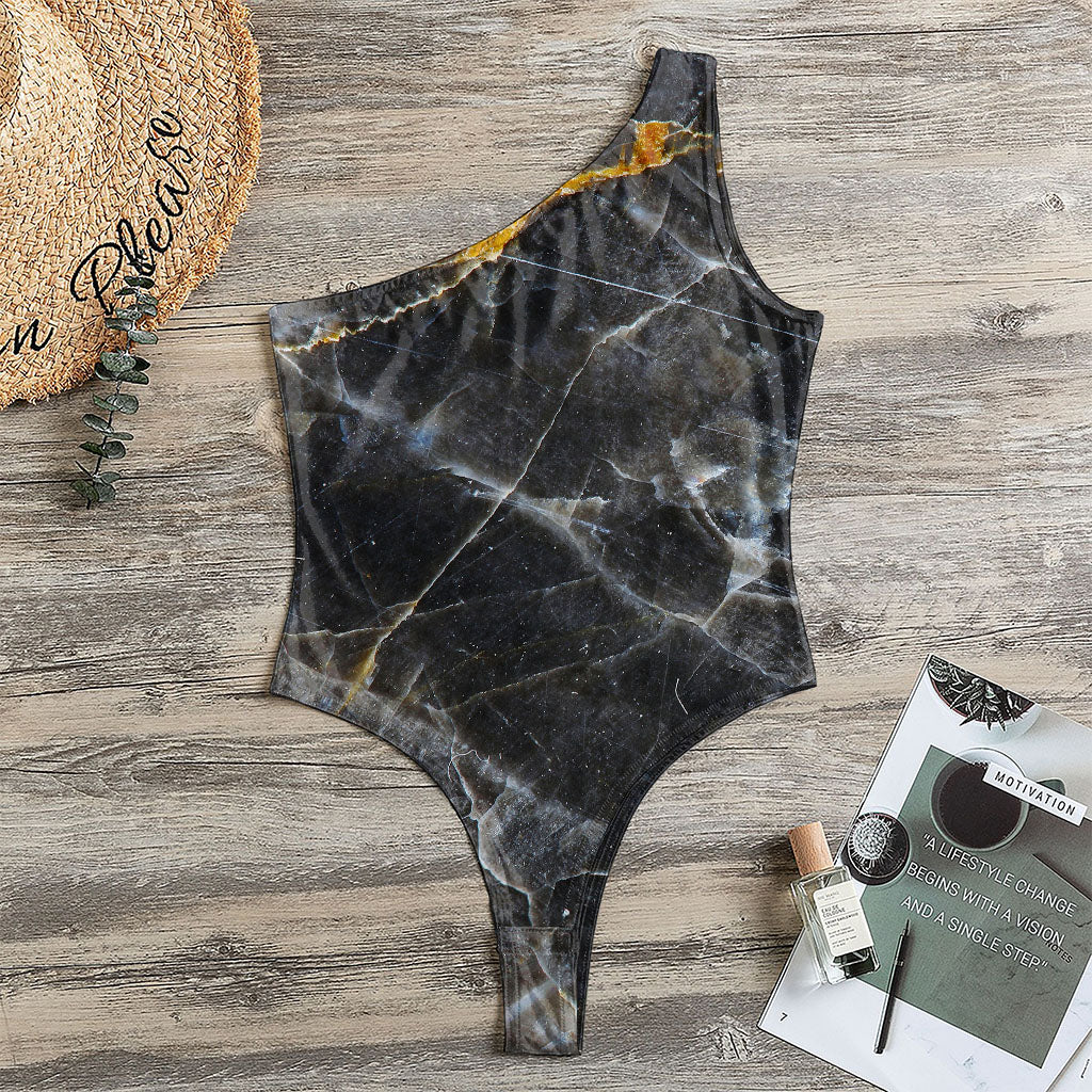 Black Grey Marble Print One Shoulder Bodysuit