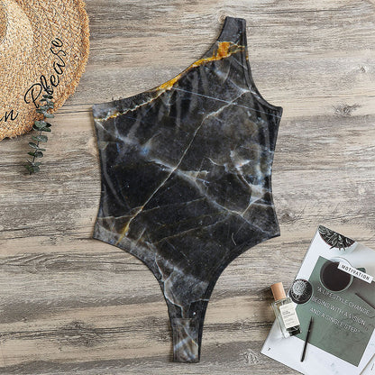 Black Grey Marble Print One Shoulder Bodysuit
