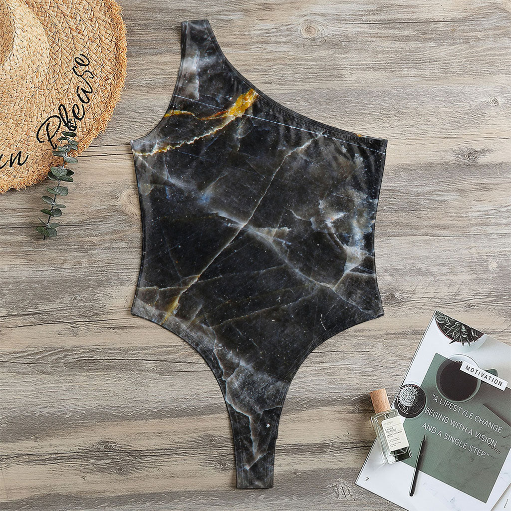 Black Grey Marble Print One Shoulder Bodysuit
