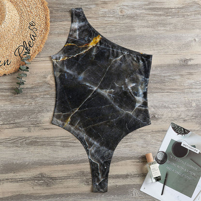 Black Grey Marble Print One Shoulder Bodysuit