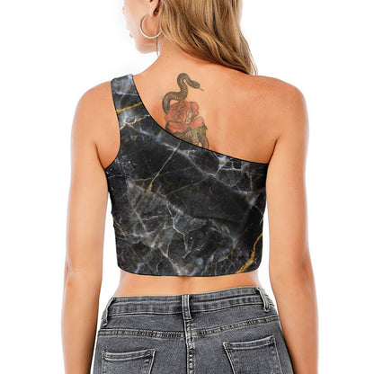 Black Grey Marble Print One Shoulder Crop Top