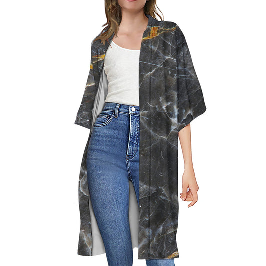 Black Grey Marble Print Open Front Beach Cover Up