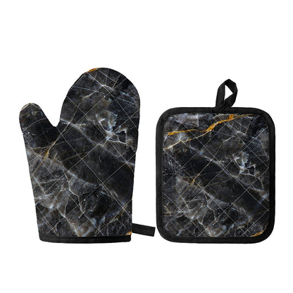 Black Grey Marble Print Oven Mitt And Pot Holder Set